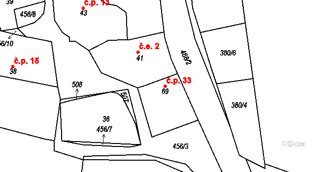Vyhnanice 33, Voděrady na parcele st. 69 v KÚ Vyhnanice u Voděrad, Katastrální mapa