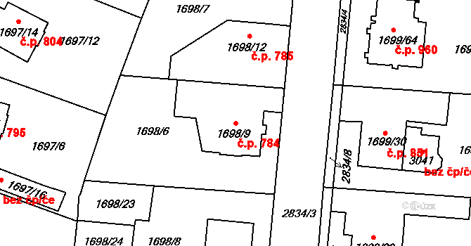 Dobruška 784 na parcele st. 1698/9 v KÚ Dobruška, Katastrální mapa