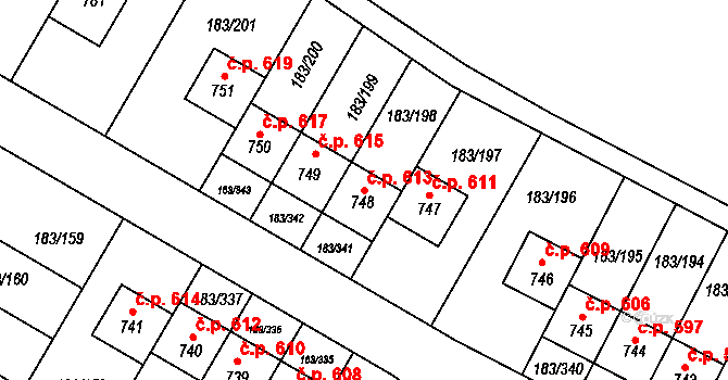 Postřižín 613 na parcele st. 748 v KÚ Postřižín, Katastrální mapa