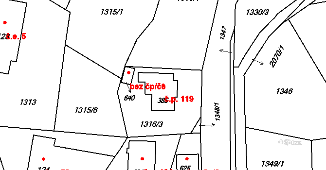 Huntířov 119, Skuhrov na parcele st. 385 v KÚ Skuhrov u Železného Brodu, Katastrální mapa