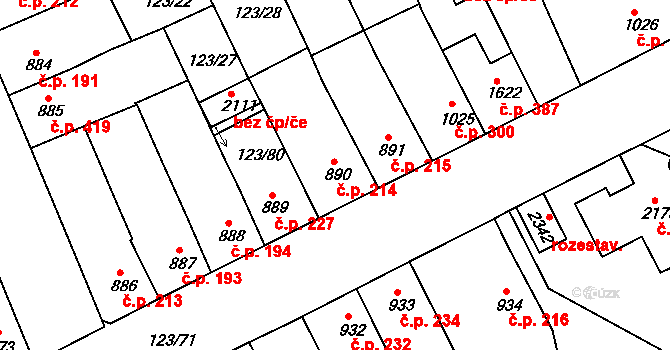 Telč-Štěpnice 214, Telč na parcele st. 890 v KÚ Telč, Katastrální mapa