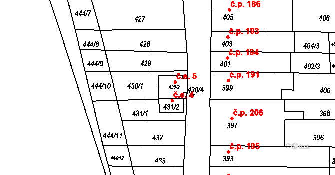 Syrovice 5 na parcele st. 430/2 v KÚ Syrovice, Katastrální mapa