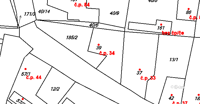 Máslovice 34 na parcele st. 39 v KÚ Máslovice, Katastrální mapa