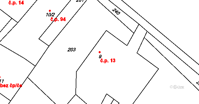 Chmelík 13 na parcele st. 9 v KÚ Chmelík, Katastrální mapa