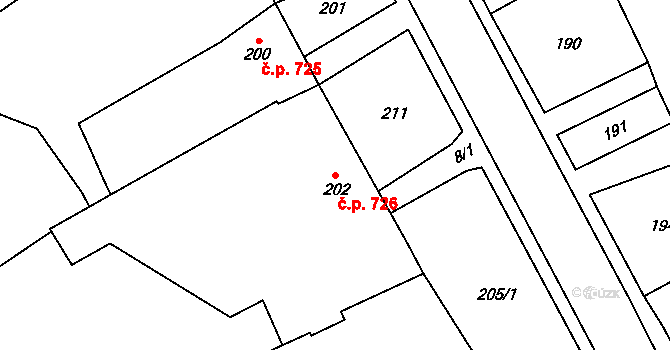 Březce 726, Štěpánov na parcele st. 202 v KÚ Březce, Katastrální mapa
