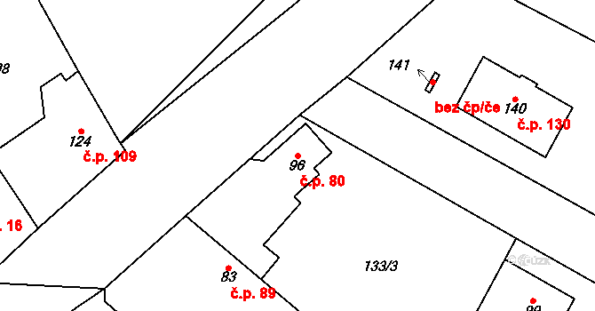 Přední Lhota 80, Poděbrady na parcele st. 96 v KÚ Přední Lhota u Poděbrad, Katastrální mapa