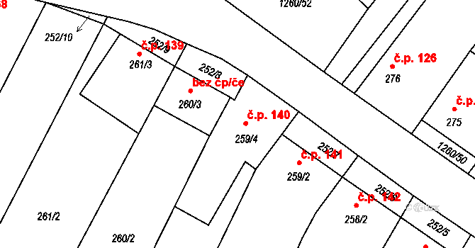 Myslibořice 140 na parcele st. 259/4 v KÚ Myslibořice, Katastrální mapa