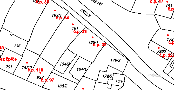 Jejkov 32, Třebíč na parcele st. 180/1 v KÚ Třebíč, Katastrální mapa