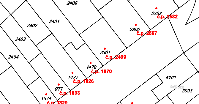 Břeclav 2499 na parcele st. 2301 v KÚ Břeclav, Katastrální mapa