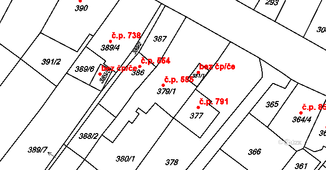 Tuřany 555, Brno na parcele st. 379/1 v KÚ Tuřany, Katastrální mapa