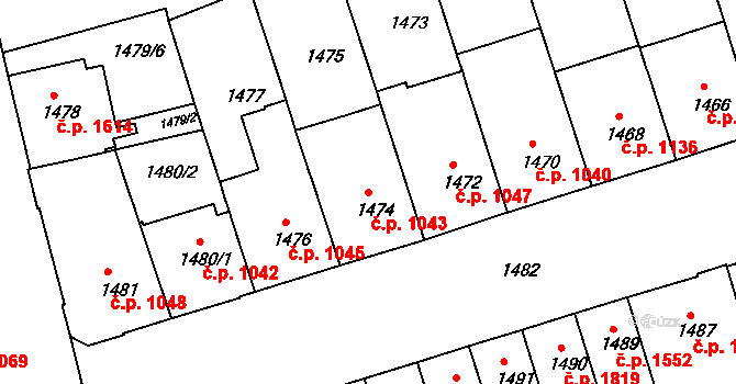 Královo Pole 1043, Brno na parcele st. 1474 v KÚ Královo Pole, Katastrální mapa