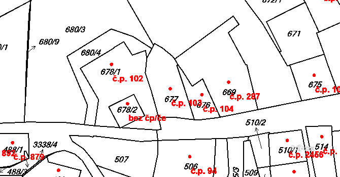 Pelhřimov 103 na parcele st. 677 v KÚ Pelhřimov, Katastrální mapa