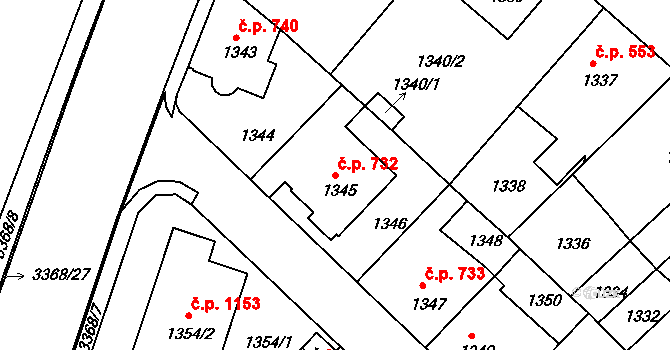 Pelhřimov 732 na parcele st. 1345 v KÚ Pelhřimov, Katastrální mapa