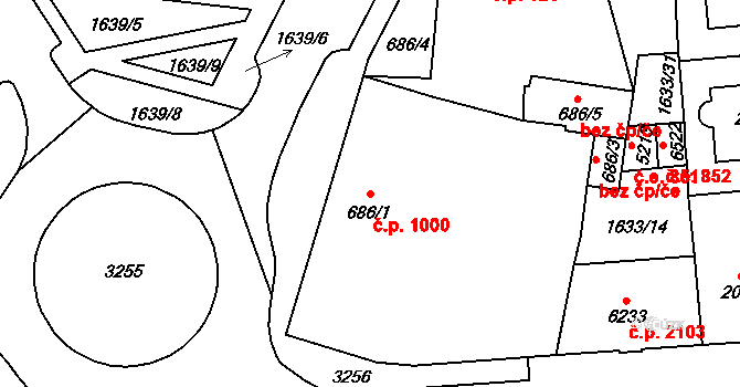 Cheb 1000 na parcele st. 686/1 v KÚ Cheb, Katastrální mapa