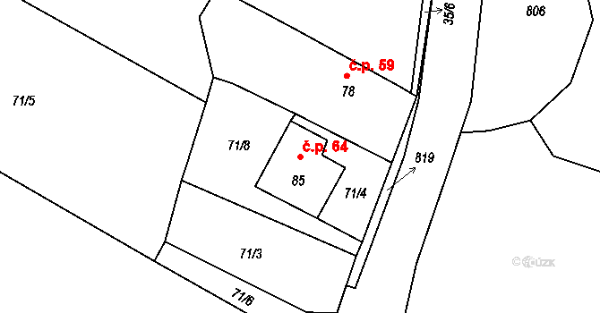 Hrušovany 64 na parcele st. 85 v KÚ Hrušovany u Chomutova, Katastrální mapa