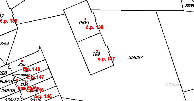Hartmanice 137 na parcele st. 189 v KÚ Hartmanice I, Katastrální mapa