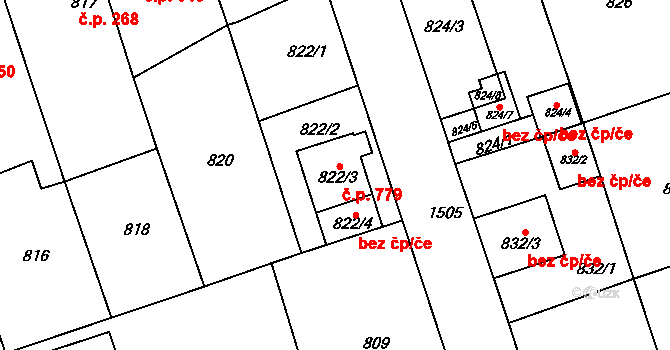 Čakovice 779, Praha na parcele st. 822/3 v KÚ Čakovice, Katastrální mapa