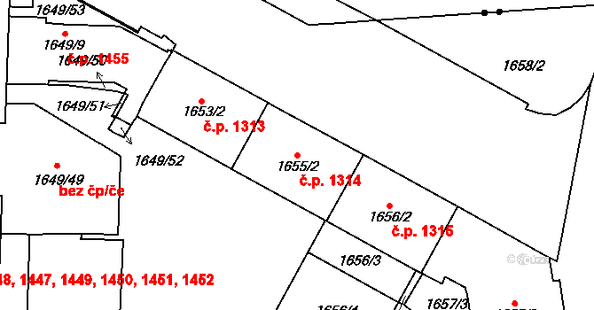 Vršovice 1314, Praha na parcele st. 1655/2 v KÚ Vršovice, Katastrální mapa