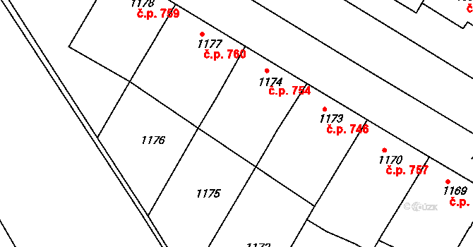 Mutěnice 754 na parcele st. 1174 v KÚ Mutěnice, Katastrální mapa