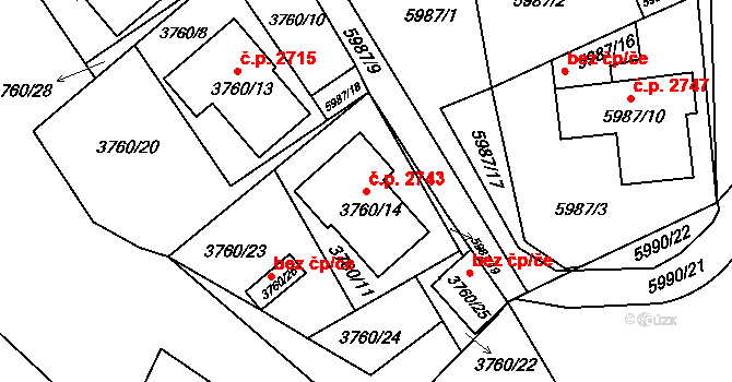 Česká Lípa 2743 na parcele st. 3760/14 v KÚ Česká Lípa, Katastrální mapa