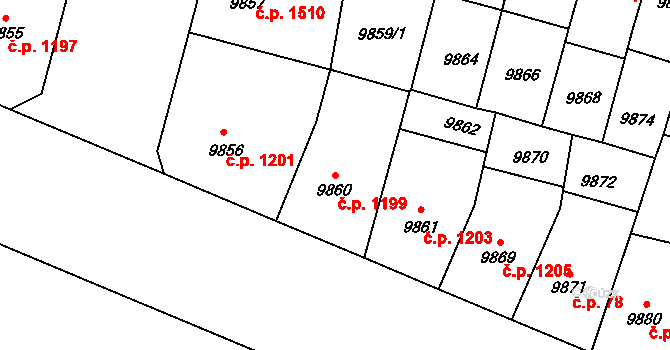 Jižní Předměstí 1199, Plzeň na parcele st. 9860 v KÚ Plzeň, Katastrální mapa