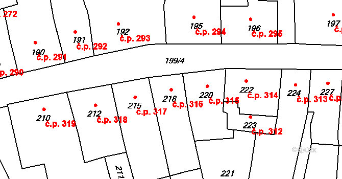 Šluknov 316 na parcele st. 218 v KÚ Šluknov, Katastrální mapa