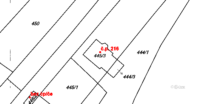 Královopolské Vážany 216, Rousínov na parcele st. 445/3 v KÚ Královopolské Vážany, Katastrální mapa