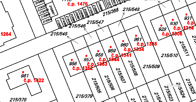 Rudná 1344 na parcele st. 958 v KÚ Hořelice, Katastrální mapa