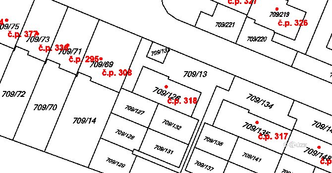 Popůvky 318 na parcele st. 709/126 v KÚ Popůvky u Brna, Katastrální mapa