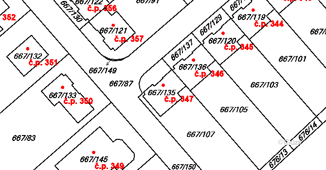 Vážany 347, Kroměříž na parcele st. 667/135 v KÚ Vážany u Kroměříže, Katastrální mapa