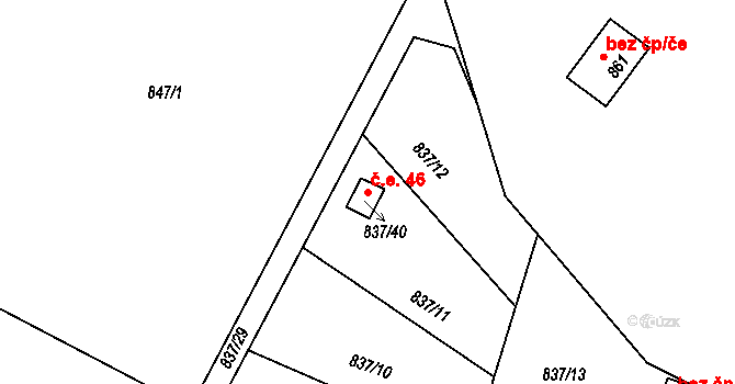 Křelov 46, Křelov-Břuchotín na parcele st. 837/40 v KÚ Křelov, Katastrální mapa