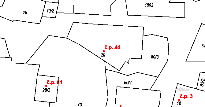 Líšnice 44, Sepekov na parcele st. 20 v KÚ Líšnice u Sepekova, Katastrální mapa