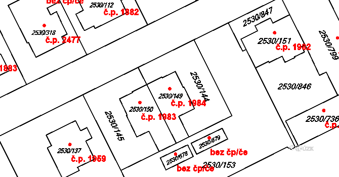 Předměstí 1984, Opava na parcele st. 2530/149 v KÚ Opava-Předměstí, Katastrální mapa