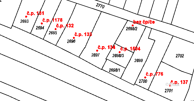 Kunovice 134 na parcele st. 2697 v KÚ Kunovice u Uherského Hradiště, Katastrální mapa