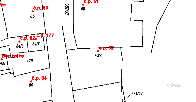 Řestoky 62 na parcele st. 70/2 v KÚ Řestoky, Katastrální mapa