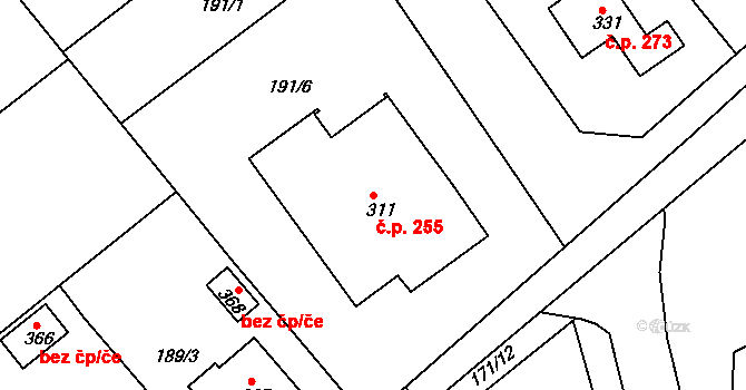 Rosice 255 na parcele st. 311 v KÚ Rosice u Chrasti, Katastrální mapa