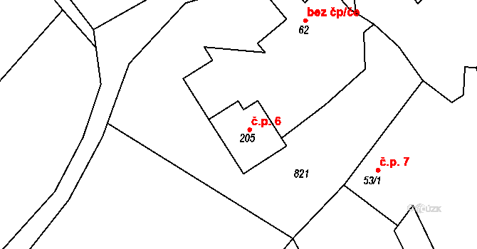 Hůrka 6, Bojanov na parcele st. 205 v KÚ Bojanov, Katastrální mapa
