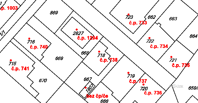 Neratovice 738 na parcele st. 718 v KÚ Neratovice, Katastrální mapa