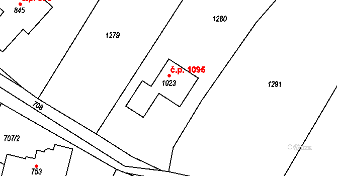 Hlubočinka 1095, Sulice na parcele st. 1023 v KÚ Sulice, Katastrální mapa