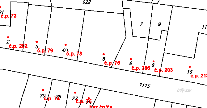 Bochoř 76 na parcele st. 5 v KÚ Bochoř, Katastrální mapa