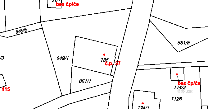 Jistebsko 37, Pěnčín na parcele st. 135 v KÚ Jistebsko, Katastrální mapa