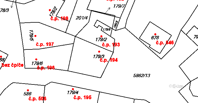 Dambořice 194 na parcele st. 179/3 v KÚ Dambořice, Katastrální mapa
