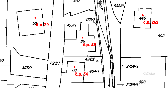 Rudíkovy 45, Třemešná na parcele st. 65 v KÚ Rudíkovy, Katastrální mapa