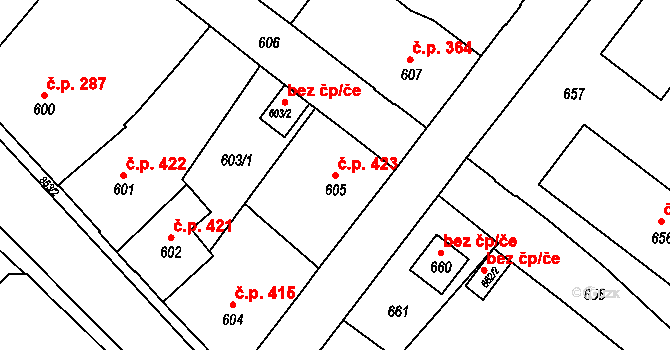 Rýmařov 423 na parcele st. 605 v KÚ Rýmařov, Katastrální mapa