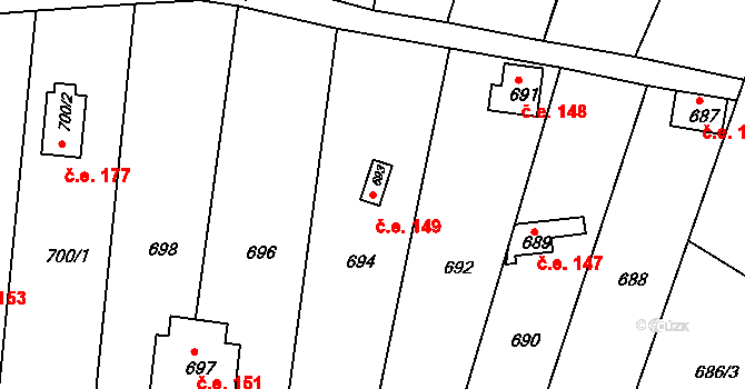 Žižlavice 149, Blansko na parcele st. 693 v KÚ Těchov, Katastrální mapa