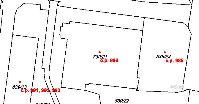 Jilemnice 986 na parcele st. 839/21 v KÚ Jilemnice, Katastrální mapa