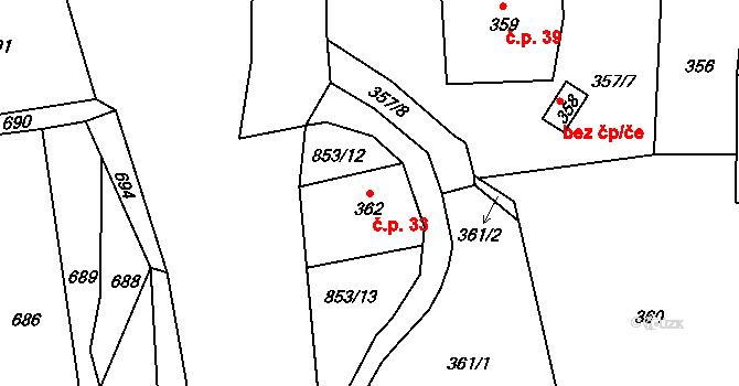 Brná 33, Ústí nad Labem na parcele st. 362 v KÚ Brná nad Labem, Katastrální mapa