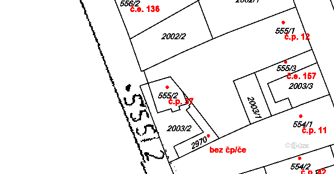 Dvorce 37, Lysá nad Labem na parcele st. 555/2 v KÚ Lysá nad Labem, Katastrální mapa