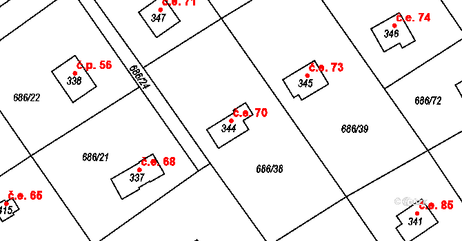 Halouny 70, Svinaře na parcele st. 344 v KÚ Svinaře, Katastrální mapa