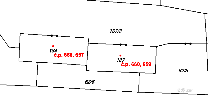 Chrastava 659,660 na parcele st. 187 v KÚ Chrastava II, Katastrální mapa